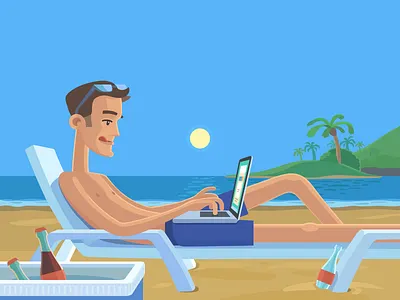 Working at the seaside boy course elearning english fun illustration lingualeo sea startup