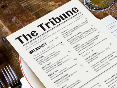 Tribune Menu breakfast design menu menu design newspaper type