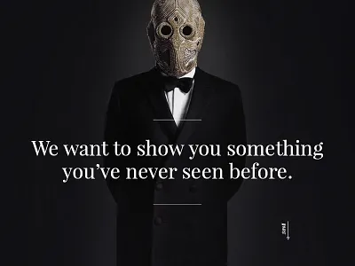 Bob Basset's teaser black bob basset clean dark leather mask minimal playfair scroll teaser typography
