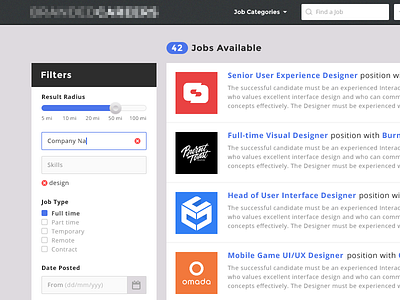 Job Listing checkbox dropdown filters jobs listing results search ui