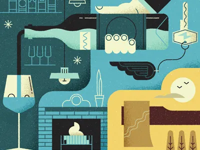 The good life axe birds bottle clouds fireplace glass key plant sun texture vector wine