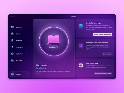 СleanMyMac Assistant 2025 2026 ae ai animation app assistant cleanmymac design gradient helth icon interface mac macpaw motion graphics pink rainbow ui video