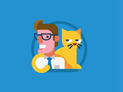 Man and Cat, flat illustration blue cat flat glasses illustration man