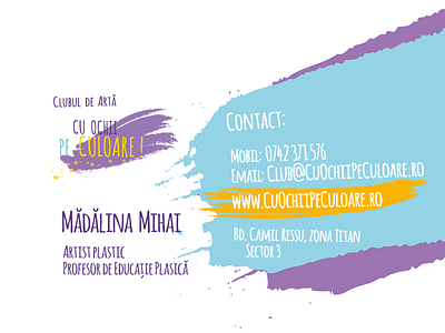 "Cu ochii pe culoare!" ("All Eyes on the Colour!") art club business card drawing kids madalina painting