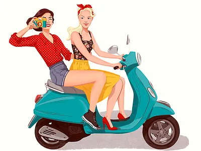 vespa camera character design friends girls illustration pattern pinup polkadot smile sneakers vespa