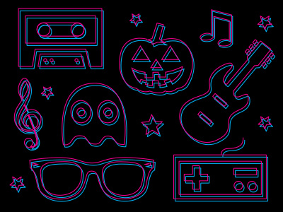 '80s Illustrations 1980s 3d 80s halloween icons illustration line illustrations lines neon pink and blue retro