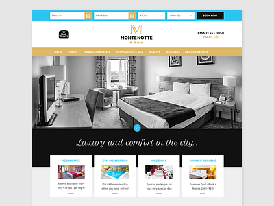 Montenotte accommodation black blue gold hotel logo m slideshow ui web design