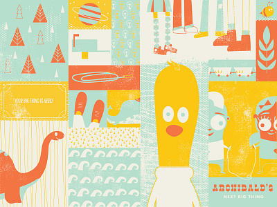 Archibald Poster 3 color archibald bee character chicken dinosaur pattern screenprint silkscreen texture tony hale trees