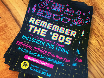 80's Pub Crawl Postcards 80s bar crawl cyan event event branding illustration neon nintendo pac man pink pub crawl yellow