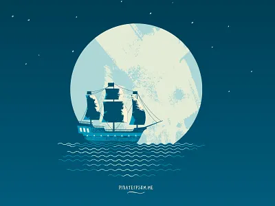 Sails Away blue boat illustration moon night pirate ship sky teal texture water