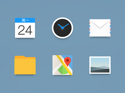 Icon_Newclearface_MX4_Part1 calendar clock folder gallery icon mail map photo theme