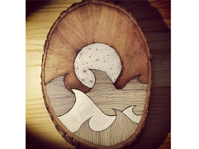 Cuttink Wavesonwood bark circle dots drawing lines micron moon paint stain stippling waves wood