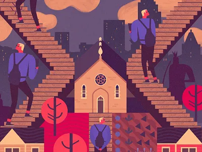 One Step at a Time Pt. 2 clouds houses print. trees steps walking