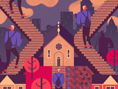 One Step at a Time Pt. 2 clouds houses print. trees steps walking