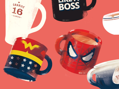 Mugs of Hook Studios alps boss coffee cup digital painting illustration mug photoshop spiderman starbucks teacup wonder woman