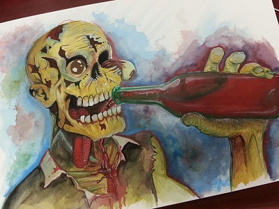 Alcoholic Zombie alcoholic drunk gouache illustration traditional art watercolor watercolour zombie