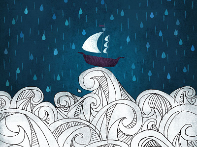 Through the Storm boat illustration rain storm waves