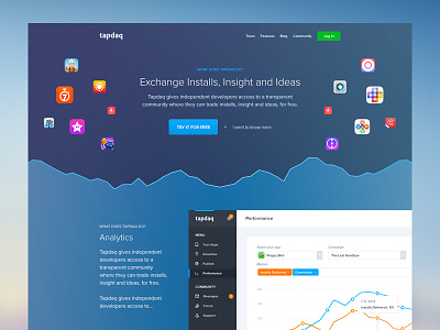 Tapdaq Landing - First Idea apps dark dashboard graph landing performance profile stats summary table ui web