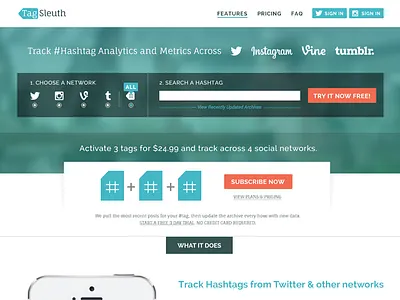 Tagsleuth Homepage analytics hashtag homepage instagram metrics search tumblr twitter vine web web design website