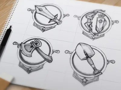 Knight Game badges arrow art axe badges bow cartoon game knight shovel sketch sword