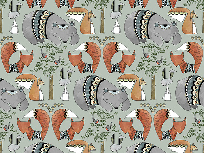 In The Forest Repeat Pattern animals character hand drawing illustration pattern repeat
