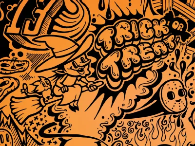 Trickoween 13 black broom cat doodle halloween ink jackolantern orange pumpkin vector witch