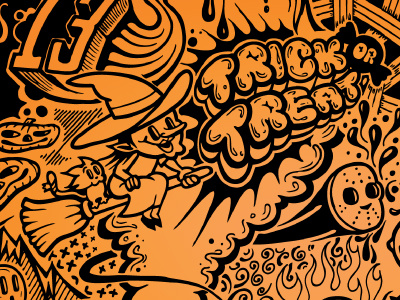 Trickoween 13 black broom cat doodle halloween ink jackolantern orange pumpkin vector witch