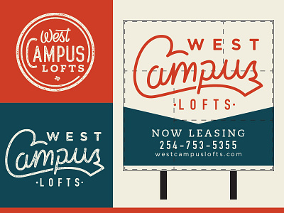 West Campus Lofts WIP blue lettering logo red signage type white