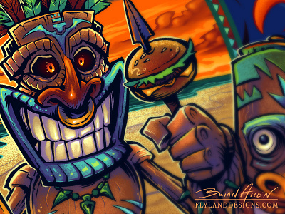 Big Kahuna Burger beach brian allen cafe flylanddesigns hamburger restuarant t shirt tiki tiki man