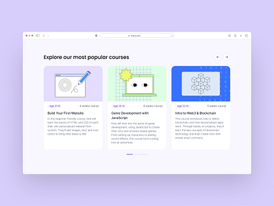 Landing page for a learning platform for kids carousel section courses cards design for kids landing page learning platfrom web design
