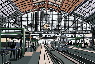 French Train Station, ink drawing +digital color bande dessinée bd comic book hand drawing illustration ink drawing