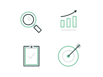 Truth About Data Icons for QuBit bullseye charcoal chart clipboard graph green grey icons illustration magnifying glass outline statistics