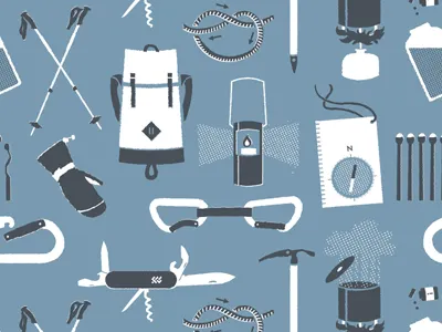 My Outdoor Alphabet: A Pattern backpack backpacking camping carabiner climbing compass halftone lantern mountaineering outdoors quickdraw