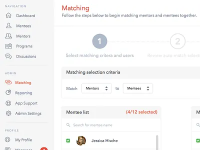Mentor Matching matching mentor preview sketch steps user interface web app wip