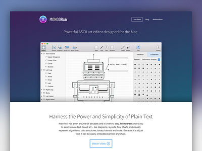 Monodraw Site 1page animated ascii designed in the browser monodraw one page layout scroll site