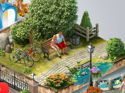 Puzzle home island isometrics map park sea. rest.car. building shop street