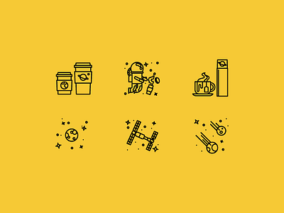 Rocket Coffee 2nd set brown icons logo planets rocket space sun yellow