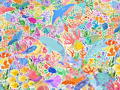 Fathomless Deep illustration narwhal pattern shark underwater