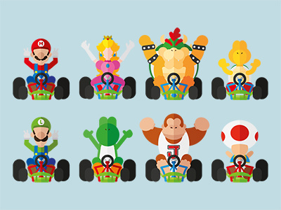 Mario Kart bowser donkey kong flat design gameperday graphic design illustration luigi mario mario kart vector video game yoshi