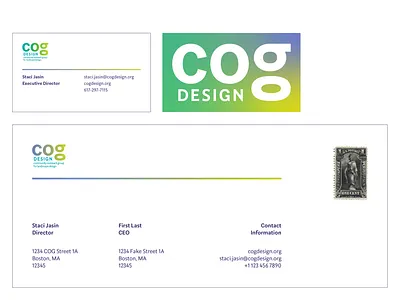 Business Card and Envelope for COGDesign branding branding and identity clean colorful design environment gradient graphic design green identity illustration logo logo design minimal modern non profit non profit organization nonprofit vector white