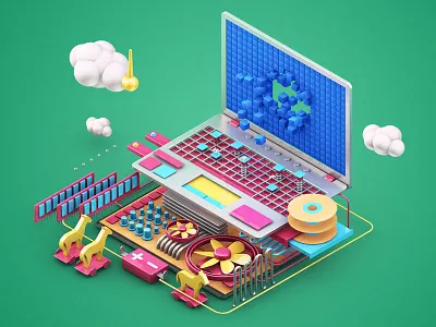 Laptop 3d c4d illustration inside laptop parts