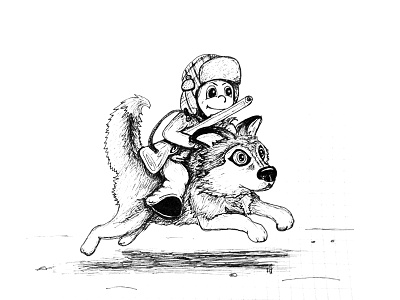 go get 'em big boy! black and white cartoon freehand hunter husky illustration inktober inktober2014