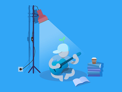 Lonely blue guitar illustration man