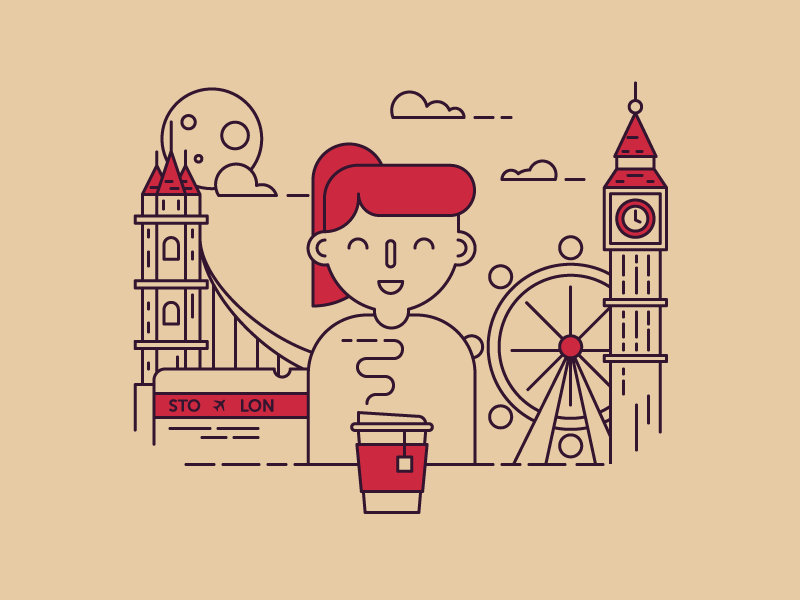 London big ben character cloud flight illustration london london eye moon outlines tea tower bridge vector