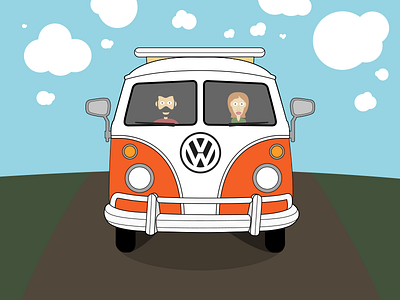 Road Trip bus clouds line art orange volkswagon bus vw