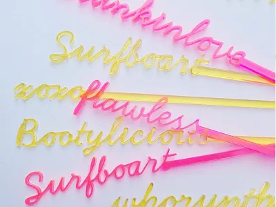 Beyonce Swizzle Sticks beyonce cocktail lasercut pink plexiglass script yellow