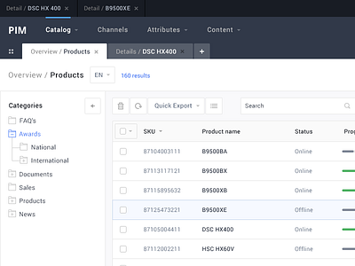 PIM clean dark information interface management pim product system tables tabs white