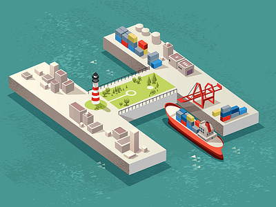 Shimmering harbor oasis buildings cargo crane harbor illustration isometric lighthouse park sea ship vector water