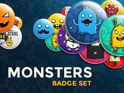 Cute Monsters - Button Badge Set badge button cute devil glossy halloween monsters moustache pin spooky vector zombie