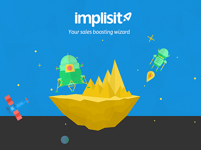 Implisit brand flat illustration landing page robots space stars world